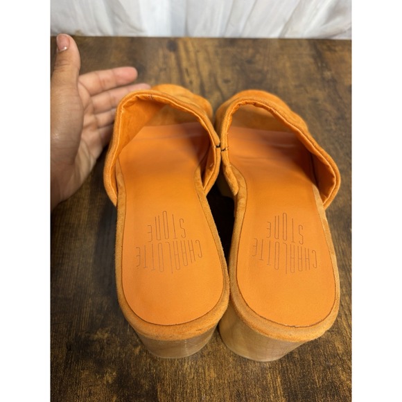 Charlotte Stone Kayla Orange Suede Wood Platform Clogs Women's 8 Sandals - Picture 15 of 16